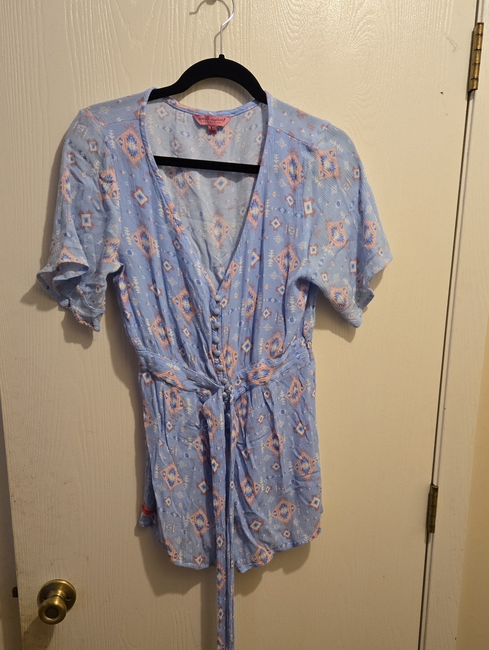 Simply Southern Light Blue Printed Tie-Waist Romper with Peach Accents. L21